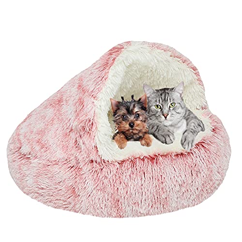 Haustierbett, Rund Plüsch Höhlen-Katzenbett mit Kapuze Flauschig Waschbares Warme Donut Hundebett, für Katzen Welpen-Pink-B|| Ø 65cm/26in