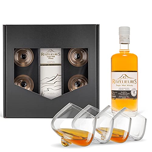 Whisky Geschenkset Rozelieures Subtil -Single Malt Whisky- (0,7 l) mit 4 Whiskygläsern - Prime Presents