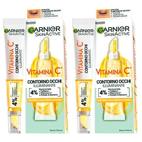 Garnier SkinActive Vitamin C Augenkontur-Augencreme für stumpfe und müde Augen, vegane Formel mit Niacinamid, Koffein und Bananenpulver, 2 Flaschen à 15 ml
