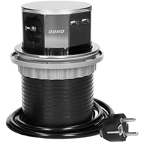 ORNO OR-AE-1381(GS) Versenkbare Einbau Steckdosenleiste 3-fach + 2x USB 3680W, Ø10cm