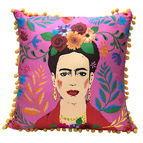 Rosa Frida Kahlo Kissen und Bezug mit Pom Poms | Boho dekoratives Kissen für Wohnkultur, inspirierende Frauengeschenke, Schlafzimmer, Sofa, Stuhl