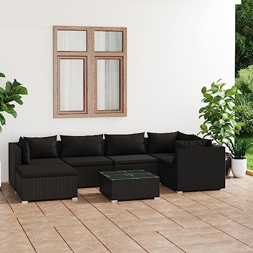 WHOPBXGAD terrassenmöbel,balkonmöbel Kleiner Balkon,Tisch klappbar,7-TLG. Garten-Lounge-Set mit Kissen Poly Rattan Schwarzterassenmöbel außen,balkonmöbel Set,glasplatte Tisch,