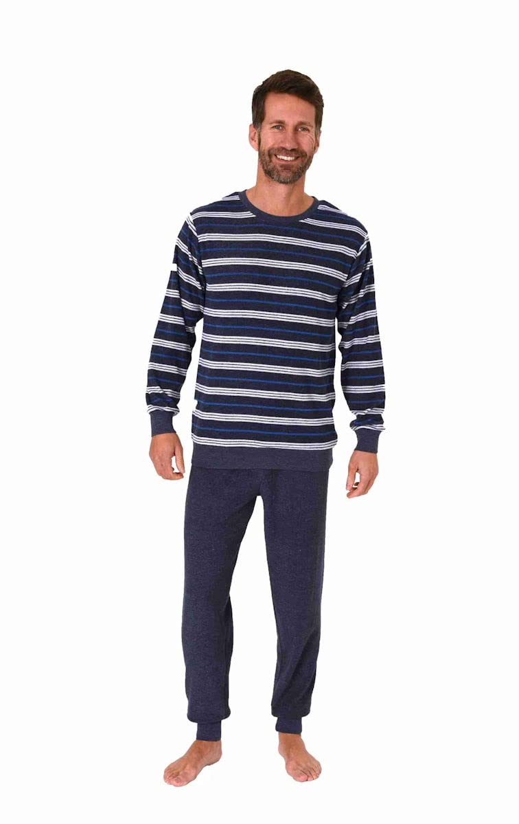Herren Frottee Pyjama mit Rundhals, Streifen, Uni Hose, Blau-Mel. 67243 Gr. 52
