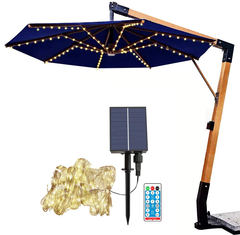 Solar-Lichterkette, Regenschirm Lichterkette mit 104 LEDs, 8 Modi, wasserdicht Gartenleuchten mit Fernbedienung für Terrassenschirme, Campingzelte Schirmdekoration