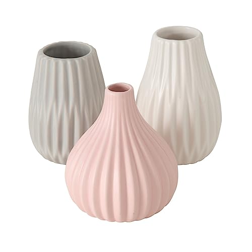 Blumenvase aus Keramik im 3er Set Mattes Design Mehrfarbig Höhe 14 cm Tischdekoration Moderne Vase Tischvase - Grau Rosa Weiß