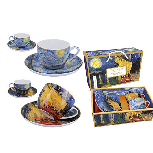 CARMANI - Vincent Van Gogh 'Sternennacht und Cafe Terrace at Night' 2er Set Porzellan Tasse und Untertasse 250ml