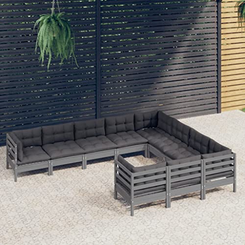 ZQQLVOO Lounge Sessel Terrassenmöbel Terassenmöbel Außen10-tlg. Garten-Lounge-Set mit Kissen Grau Kiefernholz
