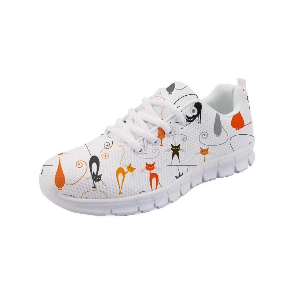 POLERO Damen Sneaker atmungsaktive Schnürer Schuhe leichte Turnschue Sportschuhe mit Cartoon Katze Muster für Frühling und Sommer Weiß 37 EU