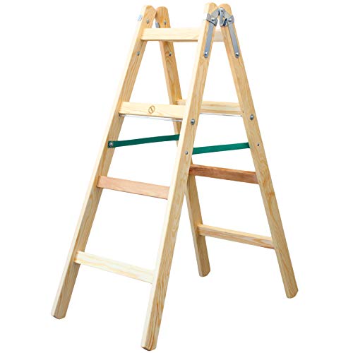 Holzleiter Premium 2x4 Stufen 150kg klappbare Malerleiter Klappleiter Doppelstufenleiter mit Eimerhaken