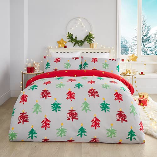 Fusion Weihnachts-Bettwäsche-Set mit festlichen Bäumen, 100 % gebürstete Baumwolle, Super-Kingsize-Bett, Grau