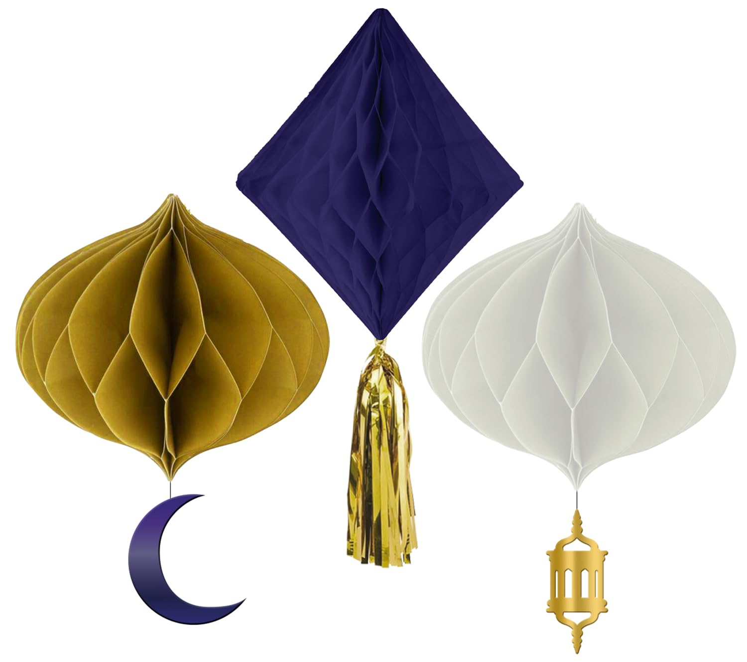 Folat 24892 Dekoration-Wabenfächerset Mubarak-3 Stück Eid Deko Stern Mond Zubehör Ramadan, Mehrfarbig