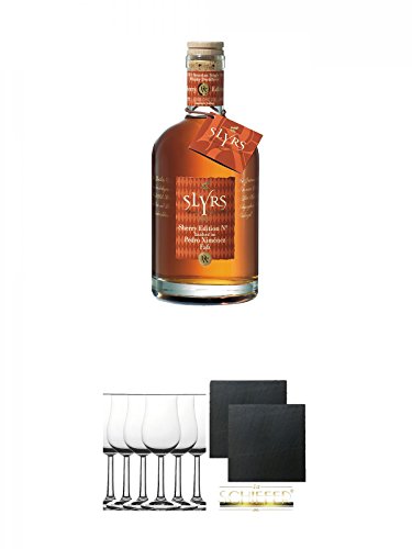 Slyrs Bavarian Whisky Pedro Ximenez PX 3 Deutschland 0,7 Liter + Whisky Nosing Gläser Kelchglas Bugatti mit Eichstrich 2cl und 4cl 6 Stück + Schiefer Glasuntersetzer eckig ca. 9,5 cm Ø 2 Stück