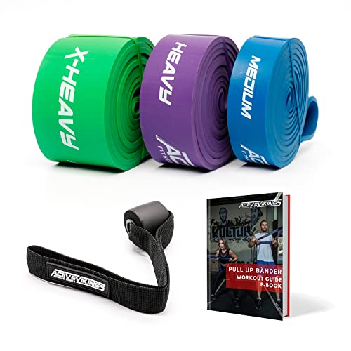 ActiveVikings® Pull-Up Fitnessbänder | Perfekt für Muskelaufbau und Crossfit Freeletics Calisthenics | Fitnessband Klimmzugbänder Widerstandsbänder (H - Pro Package (Blau Lila Grün))