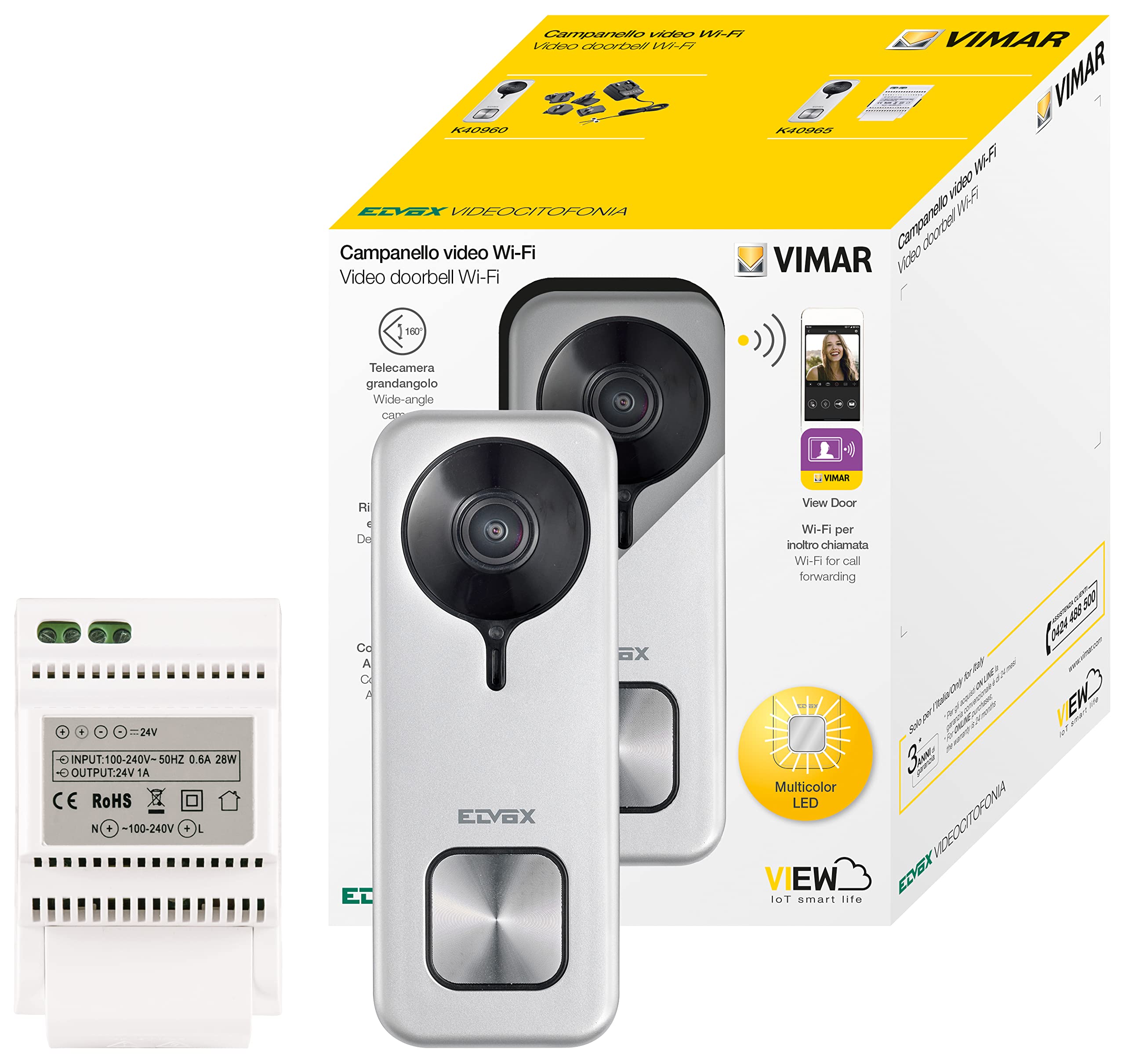 VIMAR K40965 Video-Türklingel-Set mit: Doorbell WiFi 40960, View Door App, Kamera mit Nachtsicht, Ruftaste RGB-LED-Beleuchtung, Sabotageschutz-Sensor, Netzteil 24V für DIN-Installation, Grau