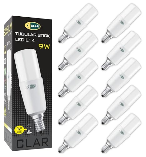 CLAR - E14 LED Lampe Stabform 9W E14 Leuchtmittel E14, Energiesparlampe E14, LED Energiesparlampe, E14, Lampe Aussenbereich, LED Längliche Glühbirne E14 Kaltweiß 6000ºK (Pack 10)