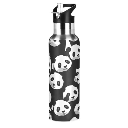 Schwarz Weißes Pandababy Trinkflasche Wasserflasche mit Strohhalm für Sport, 600ML Thermosflasche BPA-frei Isolierflasche Edelstahl 18/8 für Kinder Wandern Schule