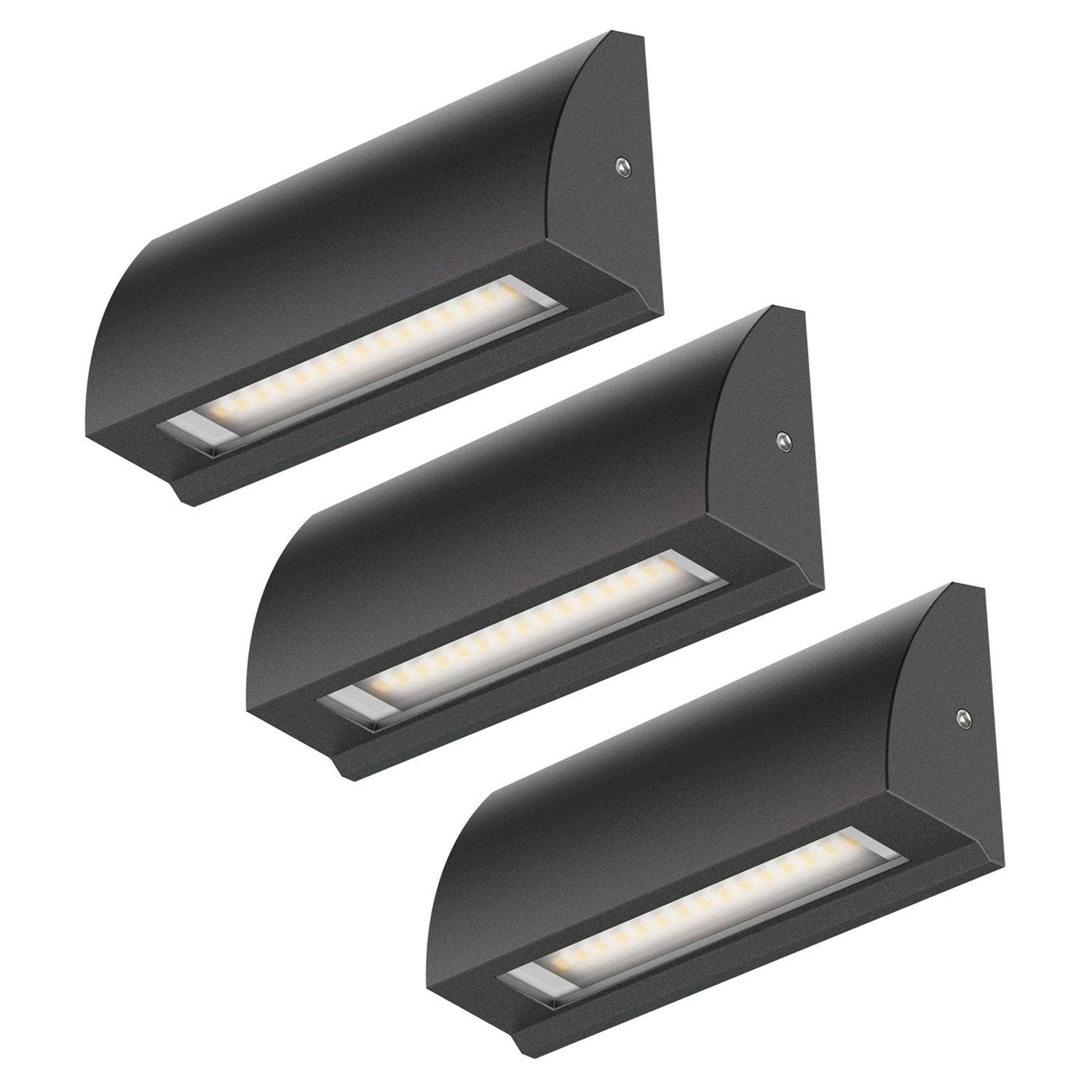 ledscom.de 3 Stück LED Wandleuchte/Treppenlicht SEGIN für außen, IP54, flach, Downlight, schwarz matt, eckig, 3,8 W, 265lm, warmweiß