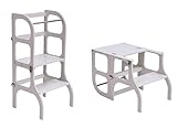 Lernturm - Tisch, Stuhl Step'n'Sit Alles in einem Hocker/Montessori Learning Tower, Kitchen Helper Step Stool - Light Gray Color/Silver Clasps