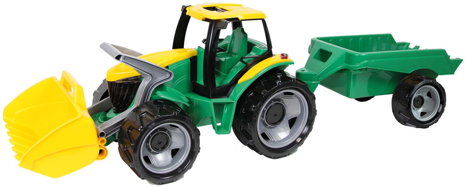 Lena 02123 Giga Trucks Traktor mit Schaufel und Anhänger grün, Starke Riesen Spielfahrzeug Trecker mit Ladeschaufel 62 cm und Hänger ca. 43 cm, Spielzeugtraktor Set für Kinder ab 3