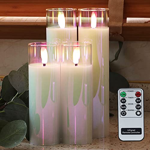 Rhytsing Weiß flammenlose Kerzen im Glas, 4 Glaswindlichter mit Batterien und Fernbedienung enthalten