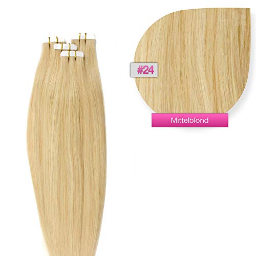 Tape Extensions Echthaar Haarverlängerung 50cm Tape In Haare mit Klebeband 40 Tressen x 4 cm breit und 2,5g Gewicht pro Tresse Farbe #24 Blond