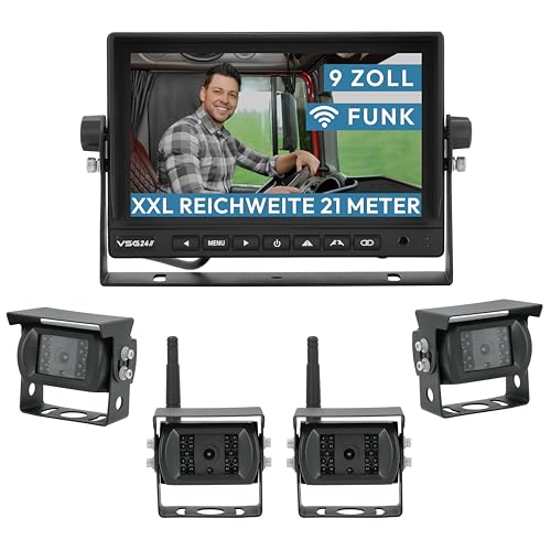 VSG24 9“ Evolution HD XL Funk Rückfahrsystem für Wohnmobil & LKW, KFZ Set kabellos inkl. 4X Rückfahrkamera + Monitor, einfach zum DIY Nachrüsten 12V-24V, Kamera digital, Auto Rückspiegel Einparkhilfe
