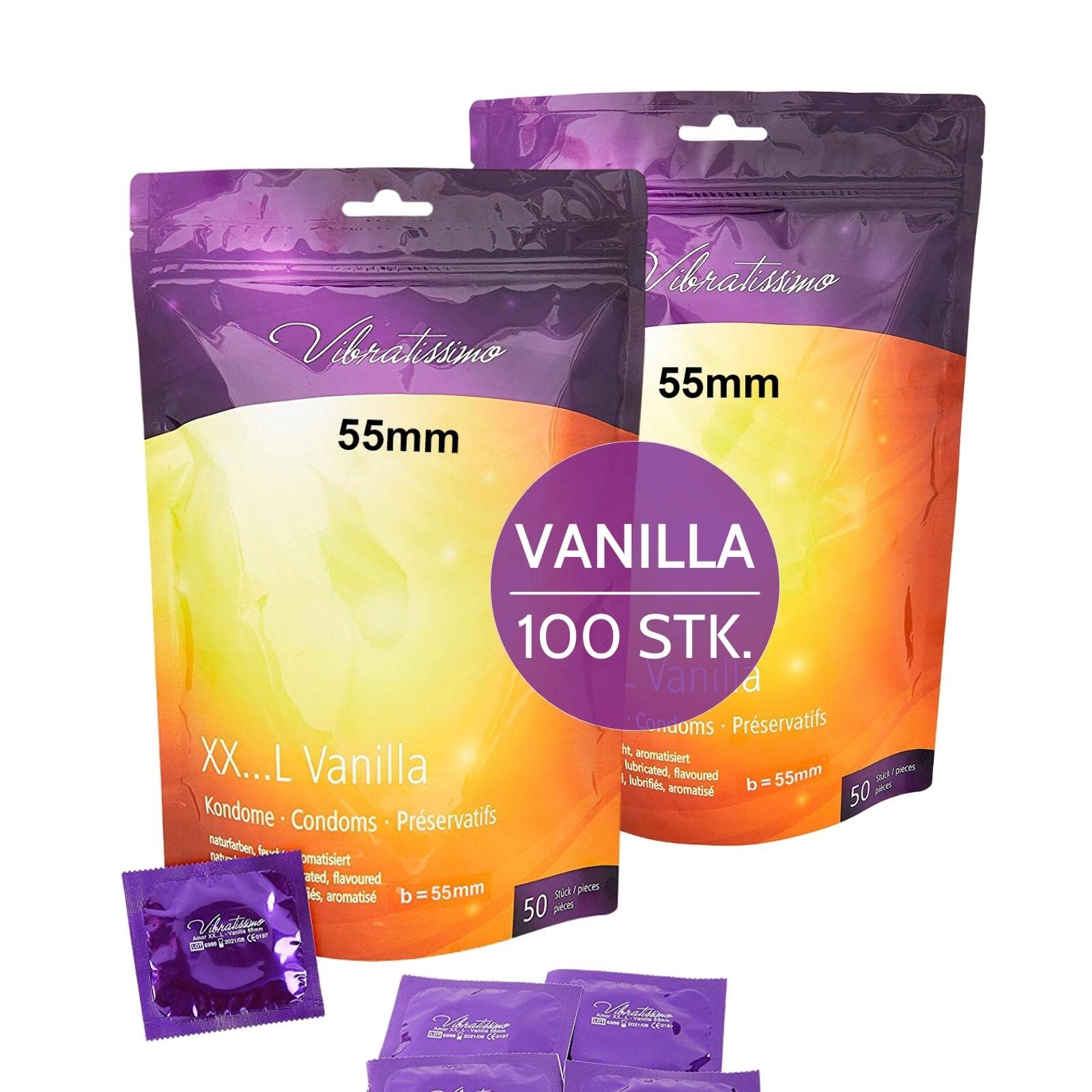 VIBRATISSIMO Kondome XXL Vanilla 100er Pack I Premium Kondome mit Aroma I Condoms for Men I Vanille-Kondome mit dünner Wandstärke & aromatisiert I Kondome gefühlsecht hauchzart I b=55mm