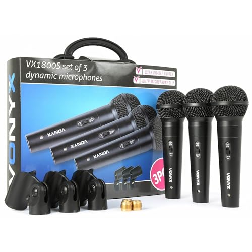 Vonyx VX1800S - Mikrofon Set, Gesangsmikrofone, Dynamische Mikrofone, für Sprache und DJ-Nutzung, 3 x Mikrofon + 3 x Mikrofonhalter, unidirektionale Nierencharakteristik, schwarz