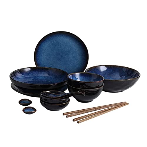 Schüssel Retro Blaue Keramik Geschirr Suppenschüssel/Reisschale/Teller/Löffel/Essstäbchen, 2 Personen japanische Geschirr Set Geschirr