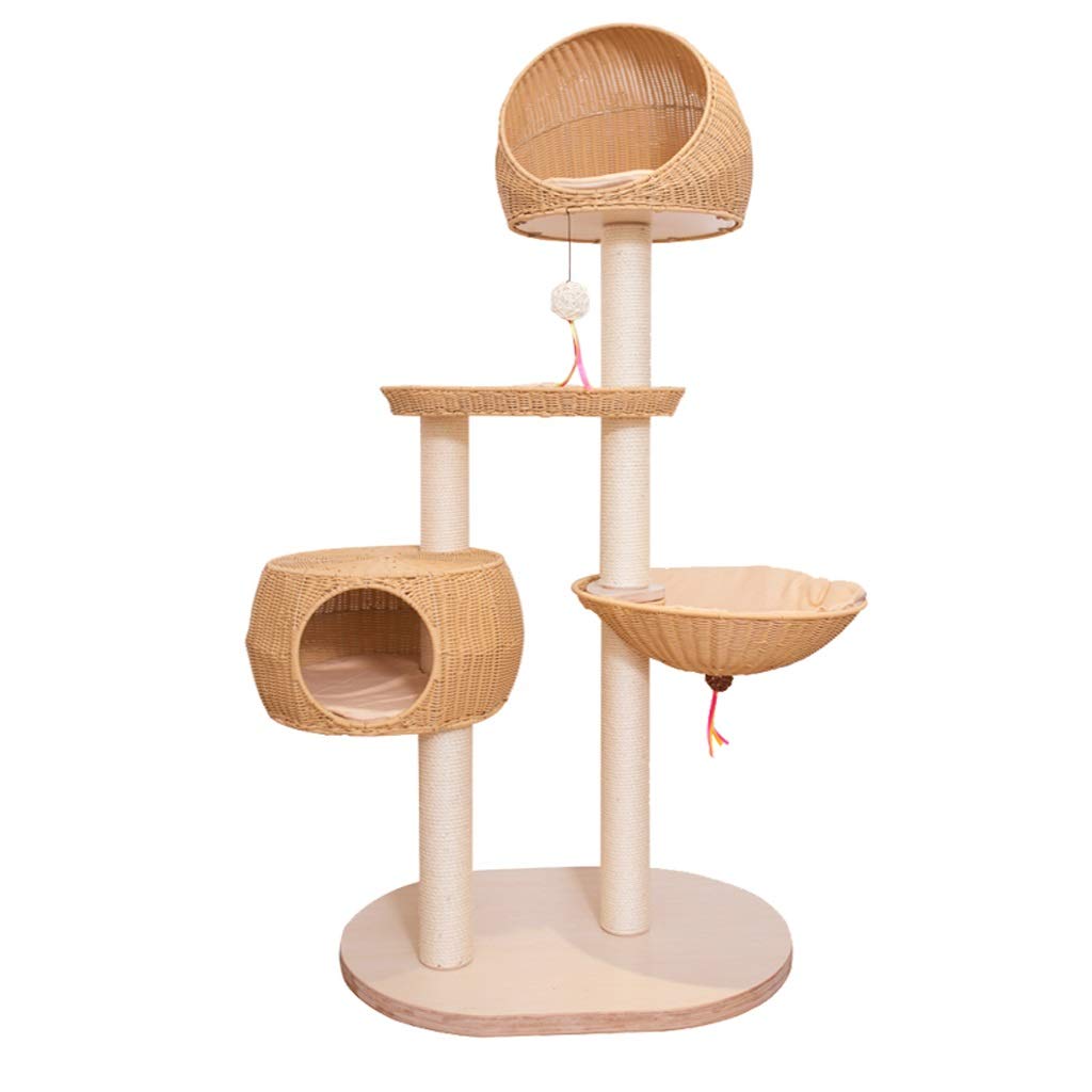 Klettergerüst für Katzen Großes Rattan Kratzbaum Aktivitätskratzbäume mit Katze Nest und Springen Plattform und hängenden Spielzeug-Katze Springt Plattform Multi-Level-Cat-Turms Cat Tower Eigentumswoh
