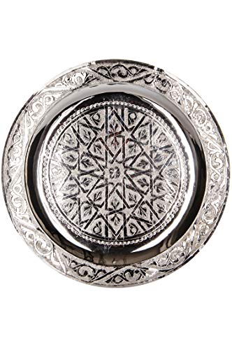 Orientalisches rundes Tablett aus Messing Mehdia 25cm Deko Silber | Marokkanisches Teetablett in der Farbe Silber | Orient Kupfertablett silberfarbig | Orientalische Dekoration auf dem gedeckten Tisch