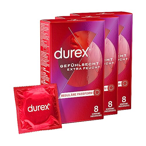 Durex Gefühlsecht Extra Feucht Kondome – Hauchzarte Kondome für intensives Empfinden - mit extra Gleitgelbeschichtung – 3er Pack (3 x 8 Stück)