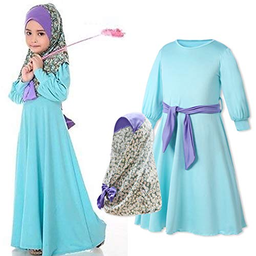 FeiliandaJJ Baby Mädchen Muslimische Kleider Kleinkind Blau Länge Kleid mit Kopftücher Lange Ärmel Prinzessin Kleid Abaya Robe Länge Kleid Islamische Kleidung (120(5-6 Years), Blau)