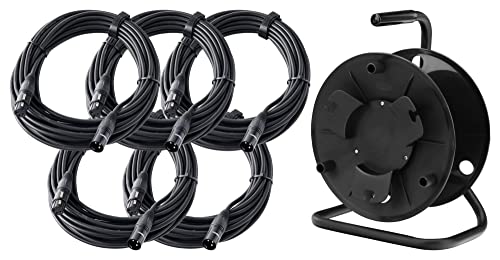 Pronomic Stage XFXM-10 Mikrofonkabel XLR 10m Schwarz 5x Set mit Kabeltrommel - Symmetrisches XLR-Kabel - 5 Kabel à 10m Länge mit Kabeltrommel - Schwarz