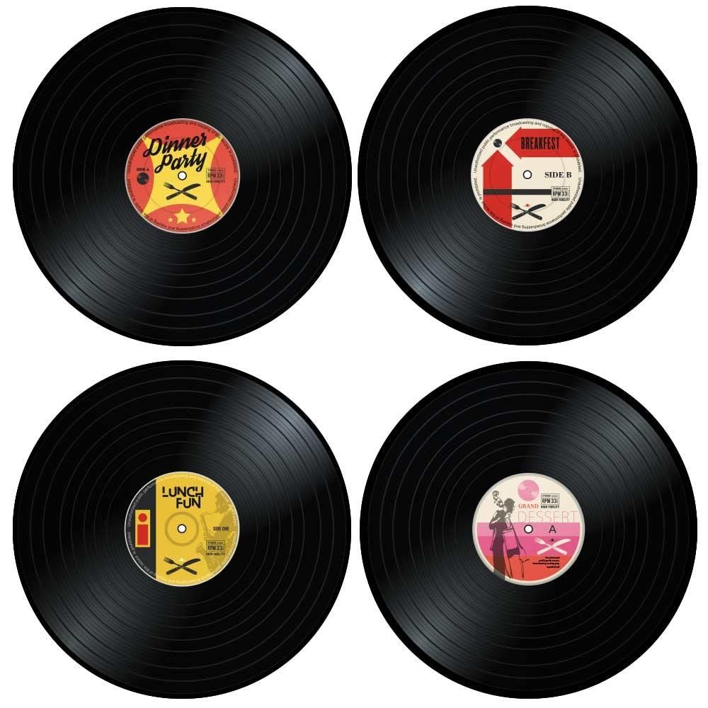 Mikamax – Vinyl Placemats – Retro - Schallplattenteller - 4 Tischsets - Nostalgisch - Schallplatten - Tischdekoration - Runde Tischsets - Schwarz