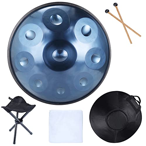 Handpan Drum In D Minor 440hz 9 Notes 22 Inches Steel Hand Drum, Handpan Drum Instrument With Soft Handpan Bag, 2 Handpan Mallets, Handpan Stand And Dust-free Cloth,blue