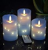 Himmelblaue LED-Kerzen Eingebaute Sternenkette 3 Kerzen mit 11-Tasten-Fernbedienung 24-Stunden-Timer Tanzende Flamme Echtwachs batteriebetrieben.