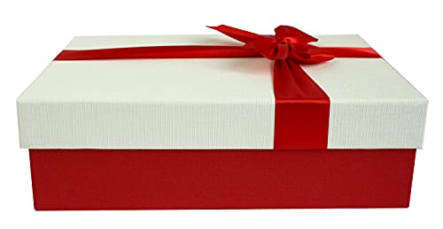 Emartbuy Starre Geschenkbox, 33,5 x 25 x 11,5 cm, strukturierte rote Box mit weißem Deckel, braune Innenseite und rotes Satinband