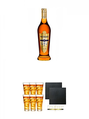 Metaxa 7* Sterne Weinbrand Brandy 0,7 Liter + Metaxa Spyro 6 x Gläser mit Eichstrich 2cl und 4cl + Schiefer Glasuntersetzer eckig ca. 9,5 cm Ø 2 Stück