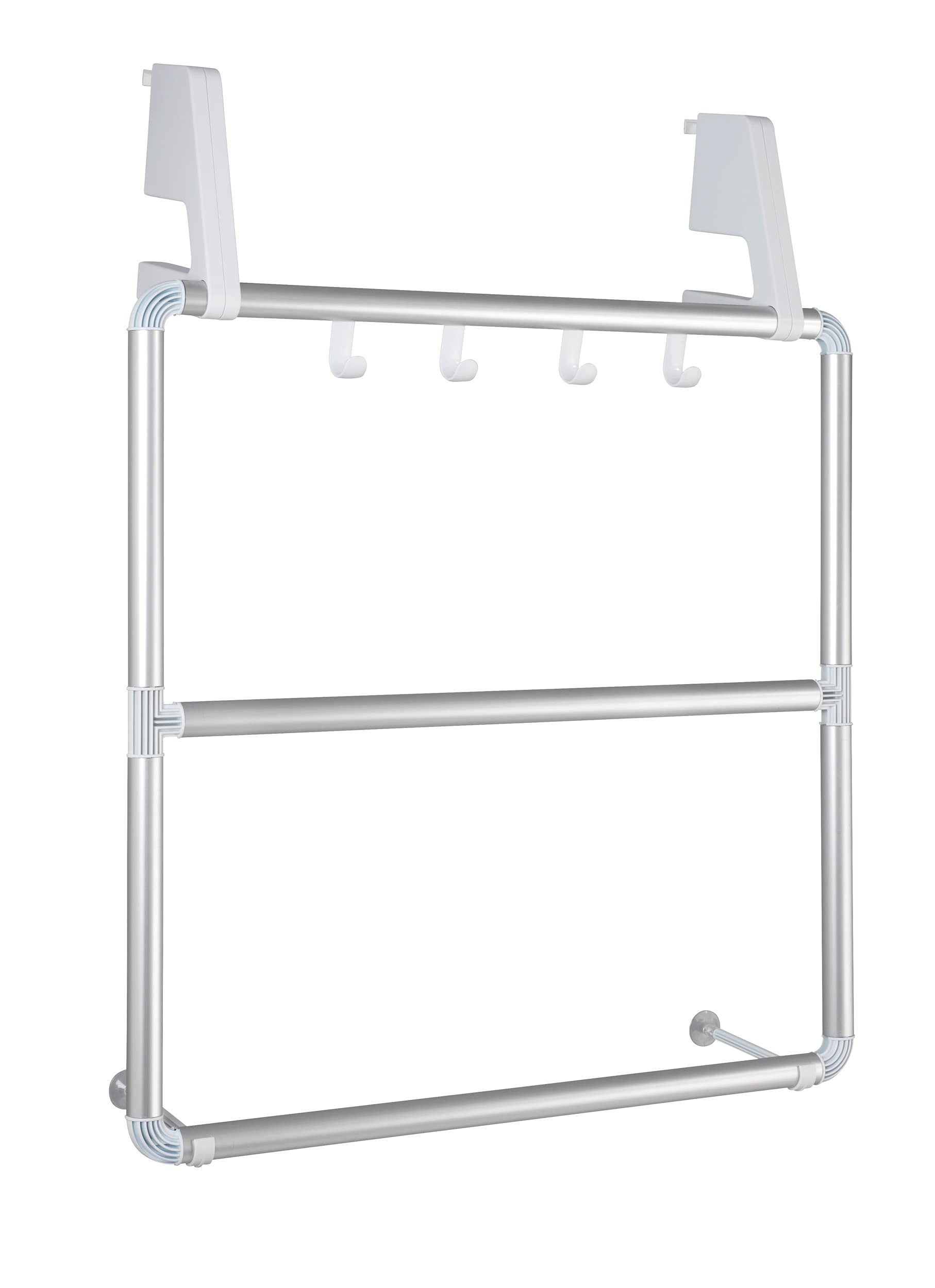 WENKO Handtuchhalter für Tür und Duschkabine Compact - mit 3 Querstangen und 4 Haken, Aluminium, 62.5 x 78 x 14.5 cm, Silber matt