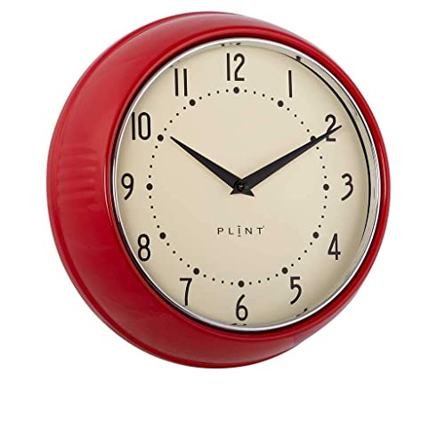 Plint Retro Wanduhr Silent Non-Ticking Decorative Red Color Wall Clock, Retro Style Wall Decoration for Kitchen Living Room Home, Office, Schule, Easy to Read Large Numbers