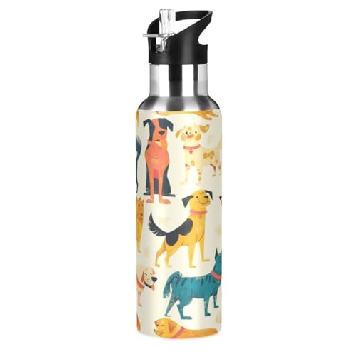 Cartoon Abstrakte Hunde Haustier Trinkflasche Wasserflasche mit Strohhalm für Sport, 600ML Thermosflasche BPA-frei Isolierflasche Edelstahl 18/8 für Kinder Wandern Schule