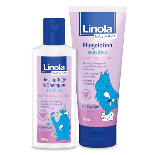 Linola Baby & Kind Duschpflege und Shampoo sensitive und Pflegelotion sensitive 1 x 200 ml | 1 x 200 ml | Set für sensible Baby- und Kinderhaut
