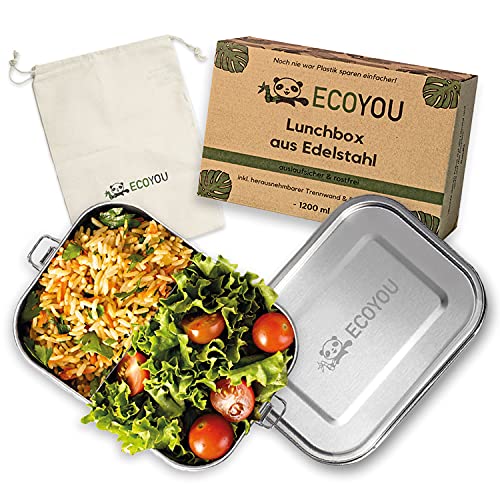 ECOYOU Premium Lunchbox aus Edelstahl - 1200 ml Brotdose inkl. Trennwand - Bentobox auslaufsicher als Vesperdose für Erwachsene & Kinder - Brotbox mit Fächern für Büro, Schule und Kindergarten