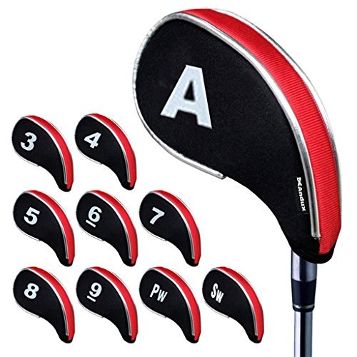 Andux Golfschlägerhauben mit Reißverschluss, 10 Stück, Schwarz/Rot
