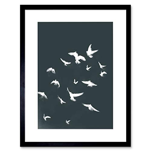 Wee Blue Coo Flock Of Birds Silhouette Black White 12x16'' Framed Art Print F12x12095