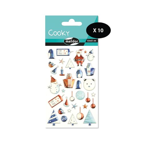 Maildor CY041Opack – eine Packung mit 3D-Aufklebern Cooky, 1 Bogen 7,5 x 12 cm, Weihnachten, Kinder, Blau (33 Aufkleber), 10 Stück