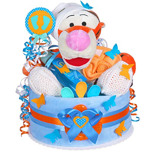 MomsStory - Windeltorte Junge | Tigger Disney | Baby-Geschenk zur Geburt Taufe Babyshower | 1 Stöckig (Blau-Orange) mit Plüschtier Babyshuhe Schnuller & mehr