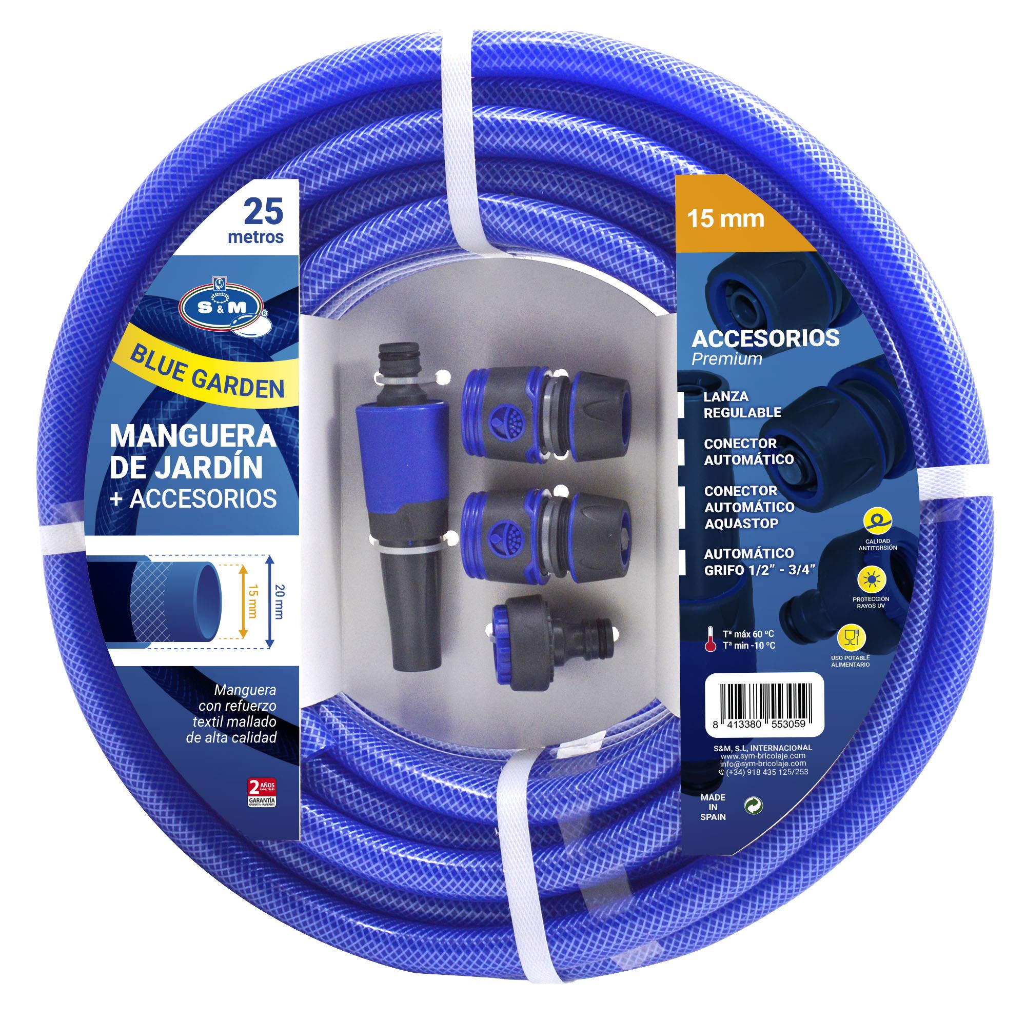 S&M 553059 553059-Schlauch, blau, verstärkt, mit Zubehör (Bewässerungsrohr und Anschlüsse), 25 m Rolle, Innendurchmesser x 20 mm (Außendurchmesser), knicksicher