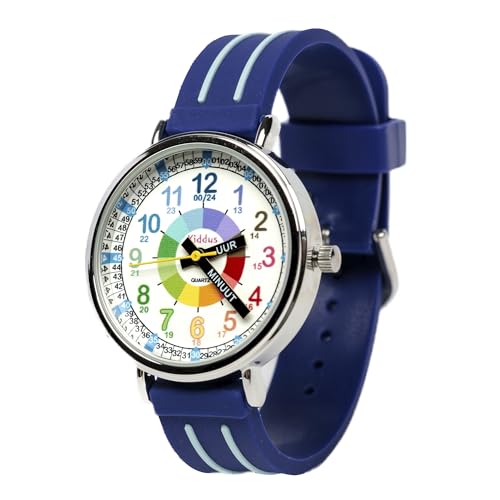 KIDDUS Lern Armbanduhr für Kinder, Jungen und Mädchen. Analoge Armbanduhr mit Zeitlernübungen, japanischen Quarzwerk, gut lesbar, um ganz leicht zu Lernen, die Uhr zu lesen Blue KI10324